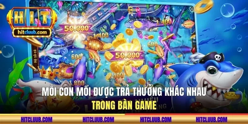 Mỗi con mồi được trả thưởng khác nhau trong bàn game